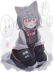 Rule 34 | 1girl, animal ears, belt, black belt, black dress, black jacket, blush, bow, bowtie, buttons, cat ears, cat girl, cat tail, check translation, coefont, commentary, cone huraku, crossed bangs, crying, crying with eyes open, dress, empty eyes, frown, full body, grey hair, highres, jacket, jacket partially removed, long sleeves, looking at viewer, medium hair, sayo (voicevox), open mouth, pantyhose, pinafore dress, pink bow, pink bowtie, pink eyes, rope marks, sailor collar, shirt, sitting, sleeve bow, sleeveless, sleeveless dress, sleeves past fingers, sleeves past wrists, solo, strangulation mark, tail, tears, translation request, voicevox, wariza, white bow, white pantyhose, white sailor collar, white shirt, wide-eyed