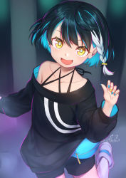 Rule 34 | 1girl, :d, artist name, bare shoulders, black hair, black shirt, black shorts, blue hair, blue nails, braid, collarbone, colored inner hair, commentary request, eyelashes, fanny pack, hair between eyes, halterneck, hand up, highres, looking at viewer, mitake eil, multicolored hair, nail polish, off shoulder, open mouth, original, puffy sleeves, shirt, short hair, shorts, signature, single braid, smile, solo, upper body, white footwear, white hair, yellow eyes, yellow nails