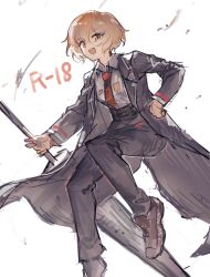 Rule 34 | 1girl, blonde hair, collared shirt, don quixote (project moon), formal, highres, lance, limbus company, long sleeves, looking at viewer, midair, necktie, open mouth, pants, polearm, project moon, red necktie, shirt, shoes, sketch, smile, solo, suit, teeth, upper teeth only, weapon, white background, white shirt, yanyan (shinken gomi), yellow eyes