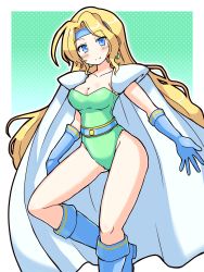 Rule 34 | 1girl, absurdres, armor, blonde hair, blue eyes, blue footwear, blue gloves, blue headband, blush, boots, breasts, cape, celes chere, cleavage, closed mouth, collarbone, earrings, elbow gloves, eruru (erl), final fantasy, final fantasy vi, gloves, gold trim, green leotard, groin, hair intakes, halftone, head tilt, headband, highleg, highleg leotard, highres, jewelry, leg up, leotard, long hair, looking at viewer, medium breasts, outside border, pauldrons, shoulder armor, smile, solo, strapless, strapless leotard, very long hair, white cape