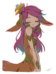 Rule 34 | 1girl, blue eyes, breasts, centauroid, highres, league of legends, lillia (league of legends), medium breasts, pointy ears, purple hair, reindeer girl, solo, taur