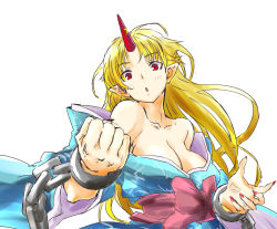 Rule 34 | 1girl, :o, bare shoulders, blonde hair, breasts, cl (h-sys.), clenched hand, cuffs, head tilt, hoshiguma yuugi, hoshiguma yuugi (kimono), japanese clothes, kimono, large breasts, long hair, nail polish, pointy ears, red eyes, simple background, solo, touhou, white background