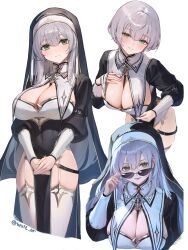 1girl absurdres artist_name black_veil blush breasts cleavage closed_mouth commentary_request covered_navel green_eyes grey_hair habit highres hololive juliet_sleeves large_breasts long_hair long_sleeves looking_at_viewer multiple_views nun official_alternate_costume official_alternate_hairstyle open_mouth pelvic_curtain puffy_sleeves shirogane_noel shirogane_noel_(7th_costume) short_hair simple_background skindentation smile thighhighs thighs veil virtual_youtuber watao white_background white_thighhighs