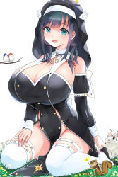 Rule 34 | 1girl, absurdres, amano nene (vtuber), aqua eyes, bird, black dress, black hair, blunt bangs, blush, branch, breasts, cleavage, commentary request, commission, detached sleeves, dress, flower, grass, highres, huge breasts, kntrs (knyrs), looking at viewer, medium hair, no panties, nun, pelvic curtain, production kawaii, simple background, sitting, skeb commission, skindentation, smile, solo, squirrel, thighhighs, virtual youtuber, wariza, white background, white thighhighs