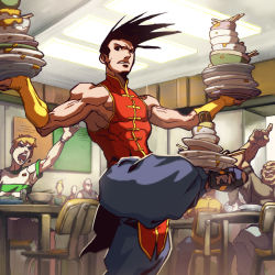 Rule 34 | baggy pants, balancing, bridal gauntlets, capcom, chair, chinese clothes, dishes, frown, halterneck, halterneck, hand up, index finger raised, male focus, multiple boys, muscular, open mouth, outstretched arms, pants, plate, restaurant, shoes, sitting, sleeveless, sneakers, spiked hair, spread arms, standing, standing on one leg, street fighter, street fighter iii (series), yang lee