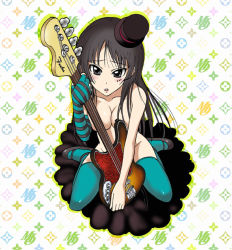 Rule 34 | 1girl, akiyama mio, bass guitar, black hair, blunt bangs, breasts, cleavage, don&#039;t say &quot;lazy&quot;, facepaint, fender (company), fingerless gloves, gloves, hat, hime cut, instrument, k-on!, kamitsuki manmaru, large breasts, long hair, louis vuitton (brand), mini hat, mini top hat, nude, parody, single glove, solo, thighhighs, top hat