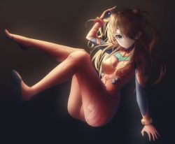 Rule 34 | 1girl, artist request, ass, black background, bodysuit, breasts, eyepatch, full body, highres, long hair, looking at viewer, neon genesis evangelion, pilot suit, plugsuit, rebuild of evangelion, red bodysuit, simple background, skin tight, solo, souryuu asuka langley, two side up, very long hair, wide hips