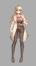 Rule 34 | 1girl, absurdres, ahoge, black pantyhose, blonde hair, blush, breasts, brown coat, cameltoe, coat, collarbone, covered erect nipples, covered navel, debris industry, full body, green eyes, grey background, highres, large breasts, long hair, missouri (warship girls r), nose blush, open clothes, open coat, pantyhose, simple background, solo, standing, warship girls r
