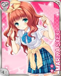 Rule 34 | 1girl, blue bow, bow, character name, closed mouth, curly hair, frown, girlfriend (kari), green eyes, hair bow, hands in hair, jacket, looking to the side, medium hair, official art, pink background, plaid, plaid skirt, qp:flapper, red hair, ribbon, saeki marika, school uniform, shirt, skirt, standing, sweater, tagme, tied sweater, wet, wet clothes, wet hair, white shirt, yellow ribbon, yellow sweater
