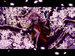 Rule 34 | 1girl, arm support, barefoot, branch, breasts, cherry blossoms, haori, highres, japanese clothes, large breasts, letterboxed, long hair, megurine luka, nail polish, off shoulder, open mouth, petals, pink hair, profile, shoudoubutsu, sitting, solo, tree, vocaloid