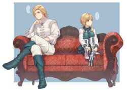 ... 2boys blonde_hair boots border braided_sidelock brothers child couch dion_lesage final_fantasy final_fantasy_xvi green_footwear green_pants half-brothers highres holding holding_toy multiple_boys ohse olivier_lesage on_couch outside_border pants siblings toy white_border white_footwear white_pants yellow_eyes