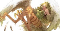 Rule 34 | 1girl, blonde hair, claws, donquixote pirates, feathered wings, feathers, flying, green hair, harpy, highres, long hair, monet (one piece), monster girl, one piece, punk hazard, shirt, solo, striped legwear, t-shirt, talons, teebohne, winged arms, wings, yellow eyes