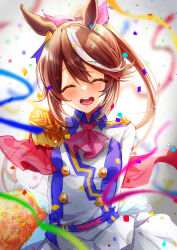 Rule 34 | 1girl, absurdres, animal ears, ascot, blue jacket, blurry, blurry background, blush, brown hair, buttons, closed eyes, confetti, double-breasted, epaulettes, hair ribbon, highres, horse ears, horse girl, jacket, long hair, military uniform, multicolored clothes, multicolored hair, multicolored jacket, open mouth, pink ascot, pink ribbon, ponytail, ribbon, single epaulette, solo, streaked hair, streamers, teltelhousi, tokai teio (umamusume), two-tone jacket, umamusume, uniform, white hair, white jacket