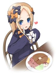 Rule 34 | 1girl, :d, abigail williams (fate), black bow, black dress, blonde hair, blue eyes, blush, bow, chair, commentary request, dress, fate/grand order, fate (series), food, forehead, fork, hair bow, heart, holding, holding fork, holding knife, knife, long hair, long sleeves, looking at viewer, no headwear, open mouth, orange bow, parted bangs, plate, polka dot, polka dot bow, shirasu youichi, sleeves past fingers, sleeves past wrists, smile, solo, table, teeth, upper teeth only, very long hair, white background