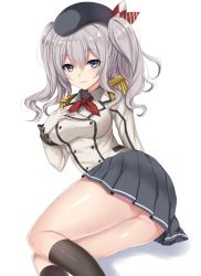 Rule 34 | 10s, 1girl, ass, bad id, bad pixiv id, beret, blue eyes, blush, breasts, buttons, commentary request, epaulettes, female focus, frilled sleeves, frills, gloves, harimoji, hat, highres, jacket, kantai collection, kashima (kancolle), kerchief, kneehighs, large breasts, looking at viewer, lying, military, military uniform, miniskirt, on side, pleated skirt, sidelocks, silver hair, skirt, smile, socks, solo, tsurime, twintails, uniform, wavy hair, white gloves
