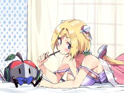 Rule 34 | 1girl, aki rosenthal, apple, bed, blonde hair, blue eyes, blush, bob cut, breasts, cleavage, detached hair, food, fruit, hair ornament, hololive, long hair, looking at viewer, low twintails, lying, medium breasts, on stomach, parted bangs, pocky, rosen-tai, short hair, sideboob, solo, twin (tt lsh), twintails, under covers, virtual youtuber, window