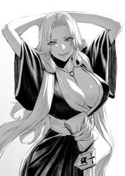 Rule 34 | 1girl, arms behind head, arms up, bleach, breasts, cleavage, forehead, greyscale, haori, highres, japanese clothes, large breasts, long hair, long sleeves, looking at viewer, matsumoto rangiku, mole, mole under mouth, monochrome, mugetsu2501, open mouth, parted lips, sash, smile, solo, taichou haori, wide sleeves