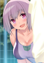 Rule 34 | 1girl, :d, bad id, bad pixiv id, bare arms, bare shoulders, blurry, blurry foreground, blush, breasts, cccpo, cleavage, collarbone, commentary request, competition swimsuit, depth of field, gridman universe, head tilt, highres, large breasts, leaning forward, light purple hair, looking at viewer, one-piece swimsuit, open mouth, outdoors, pink eyes, shinjou akane, short hair, smile, solo, ssss.gridman, swimsuit, towel, upper body, wet