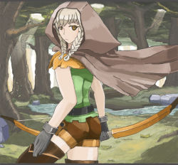 Rule 34 | 1girl, artist request, ass, boots, bow (weapon), braid, brown hair, dragon&#039;s crown, elf (dragon&#039;s crown), expressionless, female focus, gloves, hood, light brown hair, looking at viewer, shorts, solo, thigh boots, thighhighs, vanillaware, weapon