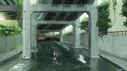 Rule 34 | 10s, 1girl, abyssal ship, bridge, brown hair, canal, city, concrete, cover, cover page, faux traditional media, fubuki (kancolle), green eyes, i-class destroyer, kantai collection, lansane, leash, outdoors, overgrown, overpass, pleated skirt, revision, rigging, rope, ruins, scenery, school uniform, serafuku, short sleeves, sidelocks, signature, skirt, standing, standing on liquid, stream, tree, water