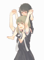 Rule 34 | 2girls, :d, ^ ^, age difference, barefoot, blush, brown hair, carrying, child, closed eyes, closed eyes, flowers (innocent grey), holding hands, highres, keiya, medium hair, multiple girls, open mouth, ribbon, school uniform, short hair, shoulder carry, simple background, smile, takasaki chidori, time paradox, white background, white ribbon, yaegaki erika, aged down