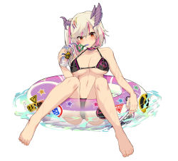 Rule 34 | 1girl, barefoot, bikini, black bikini, blonde hair, blush, breasts, cleavage, drinking straw, highres, horns, innertube, large breasts, long hair, looking at viewer, multicolored hair, navel, pink hair, r project, red eyes, satou daiji, side ponytail, smile, solo, swim ring, swimsuit, tsuzura amo, two-tone hair, virtual youtuber, water, wet, white background