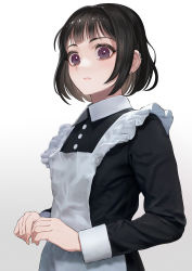 Rule 34 | 1girl, absurdres, apron, black dress, black hair, blush, bob cut, closed mouth, commentary request, cowboy shot, dress, earrings, ebinomi, frilled apron, frills, highres, huge filesize, jewelry, long sleeves, looking at viewer, maid, maid apron, original, purple eyes, short hair, simple background, solo, stud earrings, upper body, white apron, white background
