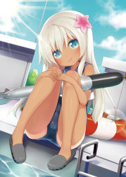 Rule 34 | 1girl, :p, ass, blue eyes, crop top, flower, full body, hair flower, hair ornament, hands on own knees, head tilt, holding, kantai collection, legs, lifebuoy, long hair, minamura haruki, one-piece swimsuit, one-piece tan, outdoors, pool, pool ladder, poolside, ro-500 (kancolle), sailor collar, school swimsuit, school uniform, serafuku, sitting, slippers, solo, sun, sunlight, swim ring, swimsuit, swimsuit under clothes, tan, tanline, tongue, tongue out, torpedo, water