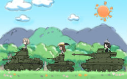 Rule 34 | 10s, 3girls, black hair, brown hair, cloud, confederate states of america, enter enter mission!, ernest, feathers, flower, girls und panzer, grass, grey hair, hat, long hair, military, military uniform, military vehicle, motor vehicle, mountain, multiple girls, nature, open mouth, original, short hair, sun, tank, uniform