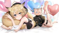 Rule 34 | 1girl, :&lt;, ahoge, animal ears, balloon, barefoot, between toes, black hat, black shorts, blonde hair, blue eyes, blush, coin, crop top, earrings, envelope, feet, fh moya, full body, green eyes, hair between eyes, hat, heart balloon, heterochromia, holding, holding envelope, jewelry, jingle bell earrings, leg tattoo, looking at viewer, one eye closed, original, short hair, short shorts, shorts, skindentation, soles, solo, striped tail, tail, tattoo, thigh strap, thighs, toes, yellow tail