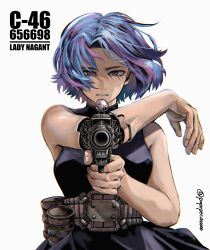 Rule 34 | 1girl, aiming, aiming at viewer, arm mounted weapon, bare arms, bare shoulders, belt, black dress, blue hair, blurry, boku no hero academia, character name, chromatic aberration, commentary, container, depth of field, dress, film grain, finger on trigger, fingernails, floating hair, furrowed brow, gun, hands up, highres, holding, holding gun, holding weapon, lady nagant, lens, looking at viewer, metal belt, multicolored hair, narrowed eyes, parted hair, parted lips, pepepecoooooo, purple eyes, scope, short hair, simple background, sleeveless, sleeveless dress, sleeveless turtleneck dress, solo, straight-on, twitter username, two-tone hair, utility belt, weapon, white background
