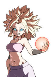 Rule 34 | 10s, 1girl, arm at side, armband, armpits, bandeau, bare shoulders, big hair, blonde hair, blue eyes, breasts, caulifla, cleavage, collarbone, cowboy shot, dragon ball, dragon ball super, eyelashes, facing viewer, grin, groin, hair intakes, hand on own hip, light, looking at viewer, medium breasts, midriff, navel, no pupils, pants, purple pants, simple background, smile, solo, spiked hair, standing, strapless, super saiyan, teeth, tell (teruhisa428), toned, tube top, white background