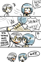 Rule 34 | 10s, 1boy, 1girl, 4koma, ^^^, blue hair, blush, clenched hand, comic, confession, crying, d:, english text, eye contact, hair ornament, hand on shoulder, kamijou kyousuke, kataro, looking at another, mahou shoujo madoka magica, mahou shoujo madoka magica (anime), miki sayaka, motion lines, open mouth, right-to-left comic, school uniform, short hair, simple background, spoilers, tears, white background, | |