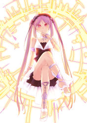 Rule 34 | 1girl, ass, bare shoulders, benbe, crossed legs, dress, euryale (fate), euryale (third ascension) (fate), fate/hollow ataraxia, fate (series), hairband, high heels, highres, lolita hairband, long hair, looking at viewer, purple eyes, purple hair, sandals, smile, solo, twintails