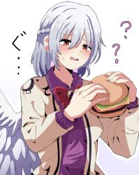 Rule 34 | 1girl, ?, absurdres, amakaze16, bow, bowtie, burger, commentary, confused, food, highres, jacket, kishin sagume, long sleeves, purple shirt, red bow, red bowtie, red eyes, shirt, solo, touhou, white background, white hair, white jacket, white wings, wings
