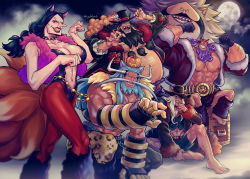 Rule 34 | 1girl, 5boys, abs, alternate costume, animal ears, arm hair, avalo pizarro, bare arms, bare legs, bare shoulders, barefoot, beard, belly, black hair, blue hair, breasts, catarina devon, chain, collar, doc q, earrings, evil smile, eye mask, facial hair, fat, fat man, fingernails, fox tail, full moon, gauntlets, gloves, grey hair, grin, halloween costume, hand on headwear, hat, height difference, highres, hoop earrings, horns, jacket, jesus burgess, jewelry, large breasts, leg hair, leotard, lipstick, long hair, long nose, looking at viewer, makeup, marshall d. teach, mask, moon, multiple boys, multiple tails, muscular, muscular male, mustache, navel, nipples, one piece, open clothes, open jacket, pants, pantyhose, paw pose, pectorals, pumpkin, purple eyes, purple hair, red eyes, sanjuan wolf, shorts, sitting, skirt, slit pupils, smile, spiked collar, spikes, standing, stomach, tail, toes, top hat, treasure chest, vest, youkan (tako)