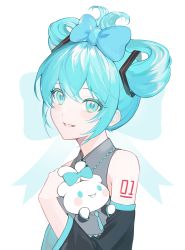 Rule 34 | 1girl, absurdres, arm tattoo, black sleeves, blue bow, blue eyes, blue hair, bow, cinnamiku, cinnamoroll, collared shirt, creature, detached sleeves, folded twintails, grey shirt, grin, hair between eyes, hair bow, hair ornament, hatsune miku, highres, holding, holding creature, long hair, long sleeves, looking at viewer, mond sl, number tattoo, sanrio, shirt, sleeveless, sleeveless shirt, smile, solo, tattoo, tied ears, twintails, updo, vocaloid, white background, wing collar