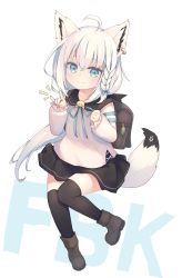 Rule 34 | 1girl, aged down, ahoge, animal ear fluff, animal ears, text background, backpack, bag, black skirt, black thighhighs, blue eyes, blue ribbon, blush, boots, braid, brown footwear, character name, closed mouth, collared shirt, commentary request, ear piercing, fox ears, fox girl, fox shadow puppet, fox tail, full body, hair between eyes, hands up, highres, hololive, long hair, long sleeves, looking at viewer, neck ribbon, notice lines, piercing, pleated skirt, puffy long sleeves, puffy sleeves, ribbon, senifu, shirakami fubuki, shirt, side braid, single braid, skirt, sleeves past wrists, smile, solo, tail, thighhighs, thighhighs under boots, very long hair, virtual youtuber, white hair, white shirt