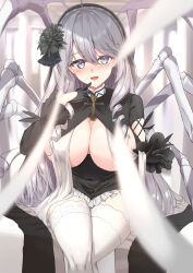 Rule 34 | 1girl, absurdres, ahoge, algerie (azur lane), algerie (meta) (azur lane), azur lane, black dress, black flower, black gloves, black veil, blue eyes, blush, breast curtains, breasts, clothes lift, convenient censoring, covered navel, dress, dress lift, drill hair, drill sidelocks, flower, frilled dress, frills, gloves, grey hair, hair between eyes, hair flower, hair ornament, highres, large breasts, long hair, looking at viewer, open mouth, sidelocks, sitting, skeletal wings, smile, solo, thighhighs, twin drills, veil, white thighhighs, wings, yanazawa ko