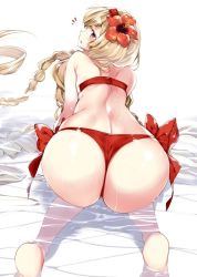 Rule 34 | 1girl, 218, all fours, alternate costume, artist request, ass, athena (granblue fantasy), back, bare shoulders, barefoot, bikini, blonde hair, blush, braid, brown eyes, female focus, flower, from behind, granblue fantasy, hair flower, hair ornament, huge ass, long hair, looking at viewer, looking back, open mouth, shiny clothes, shiny skin, single braid, solo, swimsuit, thong, thong bikini, very long hair, water