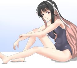 Rule 34 | 1girl, 30-06, bad id, bad pixiv id, bare shoulders, barefoot, black hair, black one-piece swimsuit, competition school swimsuit, gradient background, hairband, kantai collection, long hair, looking at viewer, multicolored hair, naganami (kancolle), naganami kai ni (kancolle), one-piece swimsuit, pink hair, school swimsuit, sitting, solo, swimsuit, two-tone hair, white background, white hairband
