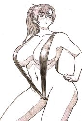 Rule 34 | 1girl, breasts, curvy, earrings, embarrassed, fuuma tokiko, highres, jewelry, large breasts, long hair, navel, ponytail, slingshot swimsuit, solo, standing, swimsuit, taimanin (series), taimanin rpgx, wide hips, wrato
