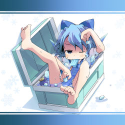 Rule 34 | 1girl, barefoot, blue eyes, blue hair, bow, cirno, cooler, eating, feet, flat chest, food, hair bow, ham (points), ice, matching hair/eyes, mundane utility, one eye closed, popsicle, soles, solo, embodiment of scarlet devil, toes, touhou, water, wink