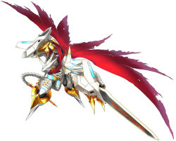 Rule 34 | armor, cape, claws, digimon, digimon (creature), digimon story: cyber sleuth, gauntlets, gold, horns, jesmon, monster, no humans, red cape, royal knights, shoulder pads, simple background, solo, sword, tail, torn cape, torn clothes, weapon, white background, writing, yasuda suzuhito, yellow eyes