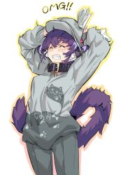 Rule 34 | 1girl, animal ear fluff, animal ears, arms up, black collar, blush, breasts, cabbie hat, clenched teeth, closed eyes, collar, facing viewer, fang, grey hat, grey pants, grey shirt, hair between eyes, hair through headwear, hands on headwear, hat, highres, holding, indie virtual youtuber, kiyama satoshi, kuroike momimi, long sleeves, looking at viewer, newspaper, outline, pants, puffy long sleeves, puffy sleeves, purple hair, shirt, sleeves past wrists, small breasts, solo, tail raised, teeth, twintails, virtual youtuber, white background, yellow eyes