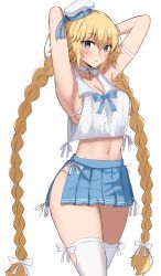 Rule 34 | 1girl, akatsuki ikki, armpits, arms behind head, arms up, bare shoulders, blonde hair, blue eyes, blue skirt, blush, braid, breasts, choker, crop top, crop top overhang, fate/apocrypha, fate/grand order, fate (series), gloves, hat, highres, jeanne d&#039;arc (fate), jeanne d&#039;arc (mystery treasure) (fate), jeanne d&#039;arc (ruler) (fate), large breasts, long hair, looking at viewer, midriff, mystery treasure, navel, sailor collar, skirt, solo, thighhighs, twin braids, very long hair, white gloves