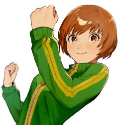Rule 34 | 1girl, blush, brown eyes, brown hair, closed mouth, commentary request, dutch angle, eyelashes, green jacket, hands up, highres, jacket, long sleeves, looking at viewer, momotamago, persona, persona 4, satonaka chie, short hair, simple background, smile, solo, track jacket, upper body, white background, zipper
