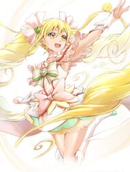 Rule 34 | 1girl, :d, artist name, blonde hair, boots, choker, clear glass (mildmild1311), commentary request, cure echo, dress, earrings, eyelashes, hair ornament, happy, jewelry, long hair, magical girl, open mouth, precure, precure all stars, precure all stars new stage: mirai no tomodachi, sakagami ayumi, signature, simple background, smile, solo, standing, star (symbol), star earrings, swept bangs, twintails, twitter username, very long hair, white background, white choker, white dress, white wrist cuffs, wrist cuffs, yellow eyes