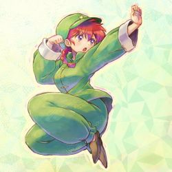 Rule 34 | 1girl, :o, black footwear, braid, braided ponytail, cabbie hat, chinese clothes, clenched hand, fighting stance, frown, full body, fuusuke (fusuke208), genderswap, genderswap (mtf), green hat, green jacket, green pants, hair over shoulder, hat, hat ornament, jacket, jumping, long hair, long sleeves, open mouth, pants, ranma-chan, ranma 1/2, red eyes, red hair, saotome ranma, single braid, slippers, solo, star (symbol), star hat ornament, tangzhuang, v-shaped eyebrows