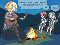 Rule 34 | 3girls, adapted costume, arm warmers, asagumo (kancolle), black legwear, blonde hair, blouse, blue eyes, blue neckwear, blue skirt, boots, braid, brown hair, campfire, cigarette, colorado (kancolle), commentary, detached sleeves, drugs, english commentary, english text, full body, green hairband, grey skirt, guitar, hair ribbon, hairband, holding, holding cigarette, instrument, kantai collection, long hair, marijuana, multiple girls, music, necktie, night, one-hour drawing challenge, outdoors, pantyhose, pleated skirt, ribbon, rock, shirt, short hair, side braid, side braids, sidelocks, silver hair, singing, single braid, sixten, skirt, sleeveless, smoking, solid circle eyes, suspender skirt, suspenders, twintails, wavy hair, white shirt, yamagumo (kancolle)